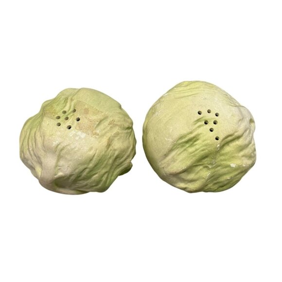 Cabbage-Shaped Ceramic Salt & Pepper Shakers Vintage Kitchen Decor 3" green READ - Picture 1 of 9